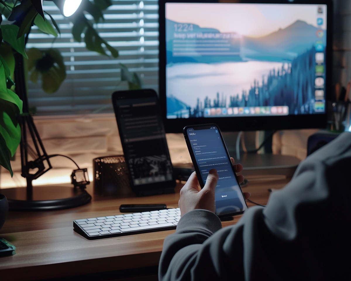 Image d'une personne envoyant un SMS depuis son bureau